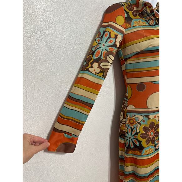 VTG 90s Does 70s daModa Boho Hippie Stripe Floral Shirt Dress S Brown Crunchy - Picture 2 of 14